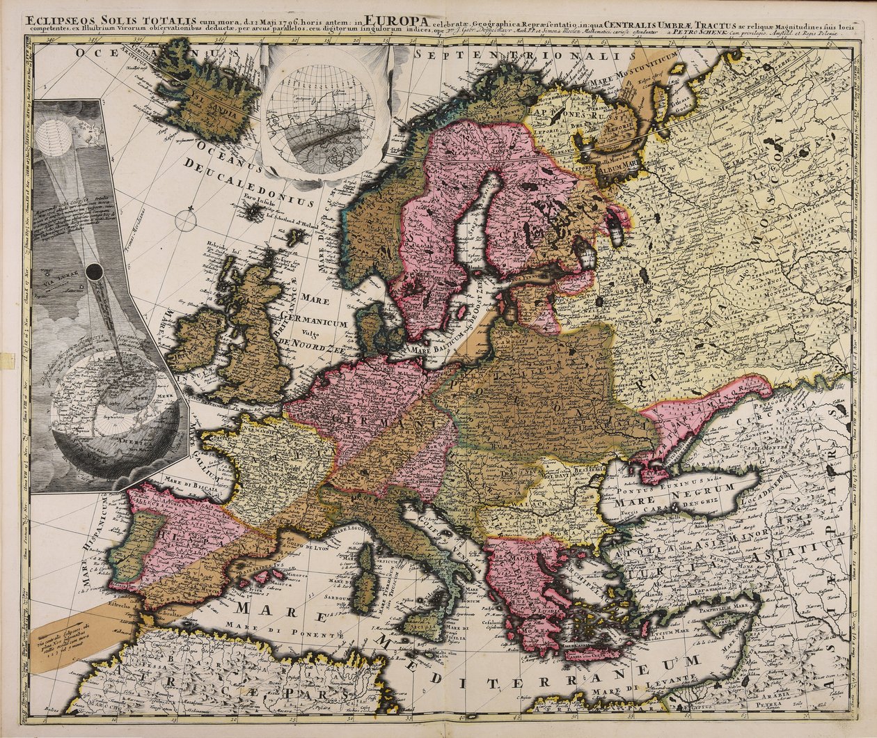 Eclipseos Solis totalis cum mora d. 12 Maji 1706 horis antem in Europa celebratae geographica repraesentatio, in qua centralis umbrae tractus ac reliquae magnitudines suis locis competentes, ex illustrium virorum observationibus deductae per arcus parallel autorstwa Johan Gabriel Doppelmayr