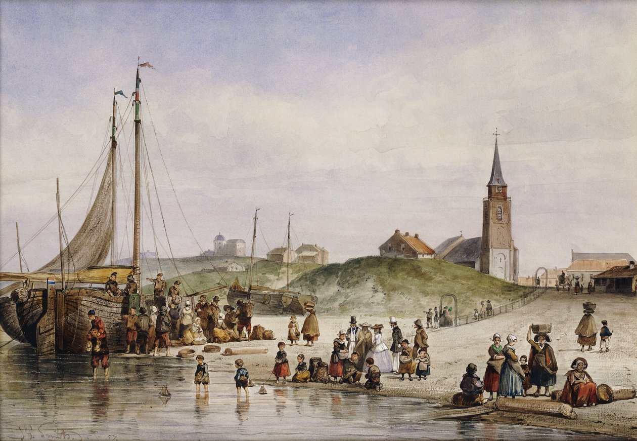 Rybacy na plaży za miastem, 1857 autorstwa Johan Gerard Smits