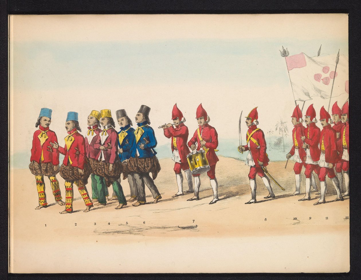 Maskarada studentów Delft, 1857 (tablica 1) Procesja kostiumowa prowadzona przez członków korpusu studenckiego Delft w dniu 5 maja 1857 r., przedstawiająca procesję Garebeg sułtana Djokjokarty oraz najbardziej charakterystyczne typy z Holandii. autorstwa Johan Hendrik Hoffmeister