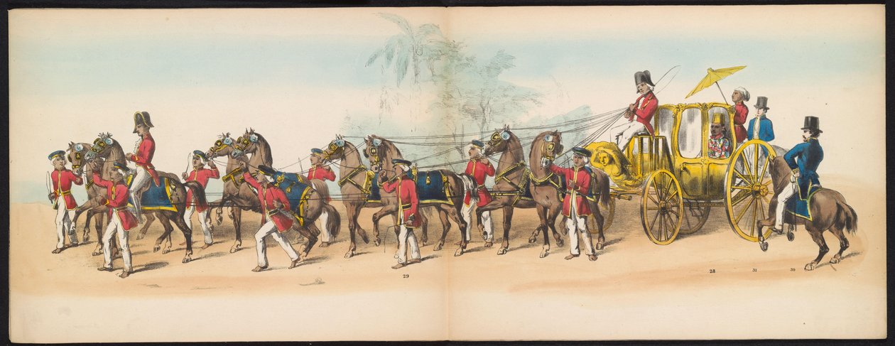 Maskarada studentów Delft, 1857 (tablica 3) Procesja kostiumowa prowadzona przez członków korpusu studenckiego Delft w dniu 5 maja 1857 r., przedstawiająca procesję Garebeg sułtana Djokjokarty oraz najbardziej charakterystyczne typy z Holandii. autorstwa Johan Hendrik Hoffmeister