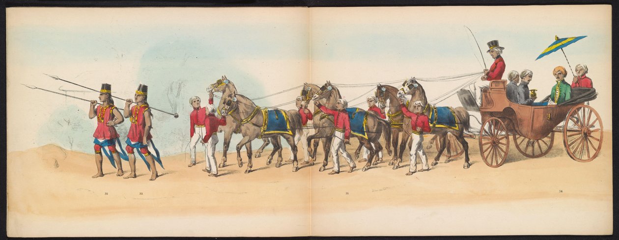 Maskarada studentów Delft, 1857 (tablica 4) Procesja kostiumowa prowadzona przez członków korpusu studenckiego Delft w dniu 5 maja 1857 r. Przedstawiająca procesję Garebeg sułtana Djokjokarty oraz najbardziej charakterystyczne typy z Holandii. autorstwa Johan Hendrik Hoffmeister
