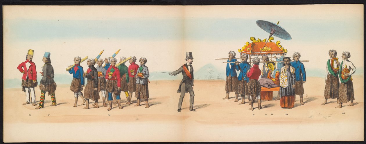 Maskarada studentów Delft, 1857 (tablica 5) Procesja kostiumowa prowadzona przez członków korpusu studenckiego Delft w dniu 5 maja 1857 r. Przedstawiająca procesję Garebeg sułtana Djokjokarty oraz najbardziej charakterystyczne typy z Holandii. autorstwa Johan Hendrik Hoffmeister
