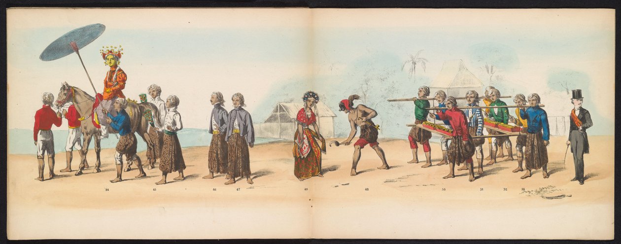 Maskarada studentów Delft, 1857 (tablica 6) Procesja kostiumowa prowadzona przez członków korpusu studenckiego Delft w dniu 5 maja 1857 r., przedstawiająca procesję Garebeg sułtana Djokjokarty oraz najbardziej charakterystyczne typy z Holandii. autorstwa Johan Hendrik Hoffmeister