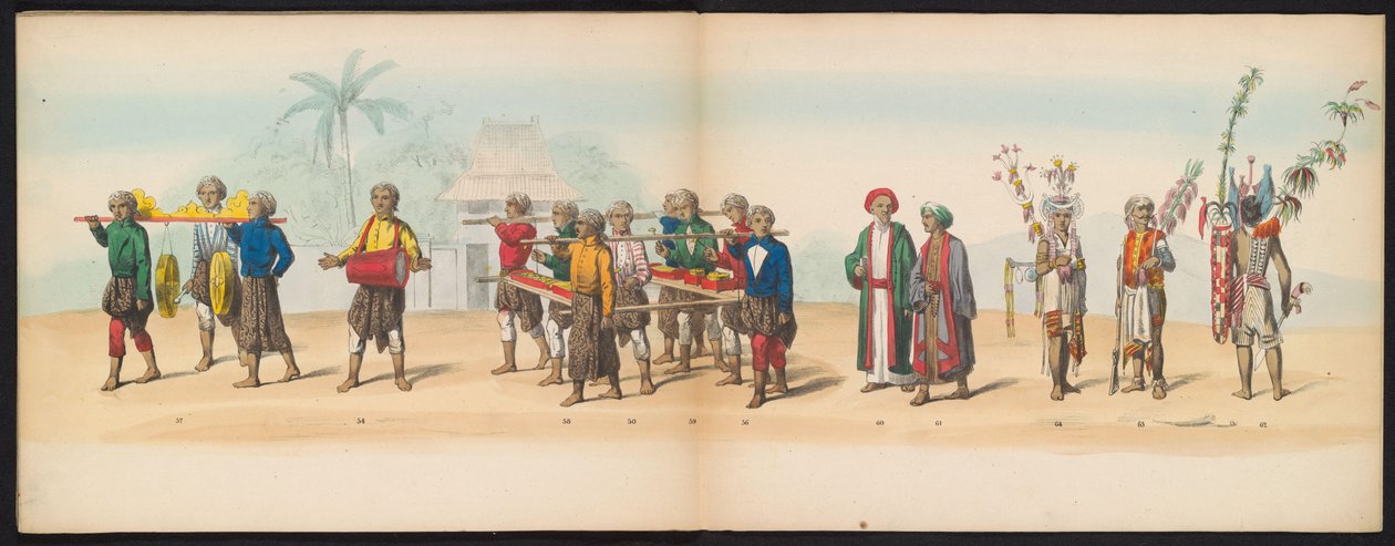 Maskarada studentów Delft, 1857 (tablica 7) Procesja kostiumowa prowadzona przez członków korpusu studenckiego Delft w dniu 5 maja 1857 r., przedstawiająca procesję Garebeg sułtana Djokjokarty oraz najbardziej charakterystyczne typy z Holandii. autorstwa Johan Hendrik Hoffmeister