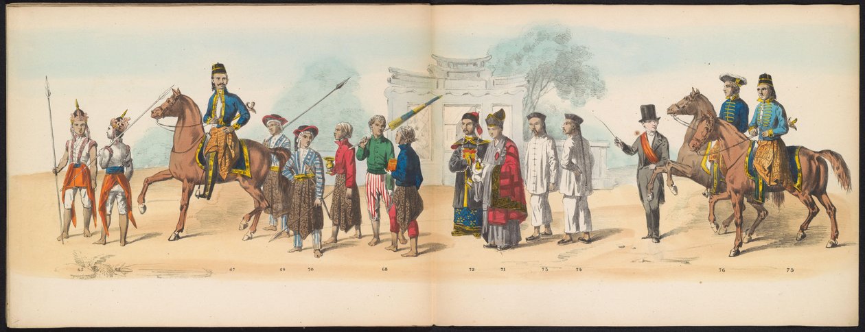 Maskarada studentów Delft, 1857 (tablica 8) Procesja kostiumowa prowadzona przez członków korpusu studenckiego Delft w dniu 5 maja 1857 r., przedstawiająca procesję Garebeg sułtana Djokjokarty oraz najbardziej charakterystyczne typy z Holandii. autorstwa Johan Hendrik Hoffmeister