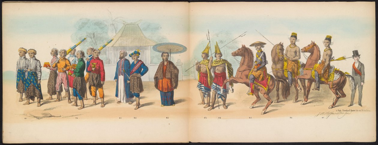 Maskarada studentów Delft, 1857 (tablica 9) Procesja kostiumowa prowadzona przez członków korpusu studenckiego Delft w dniu 5 maja 1857 r., przedstawiająca procesję Garebeg sułtana Djokjokarty oraz najbardziej charakterystyczne typy z Holandii. autorstwa Johan Hendrik Hoffmeister