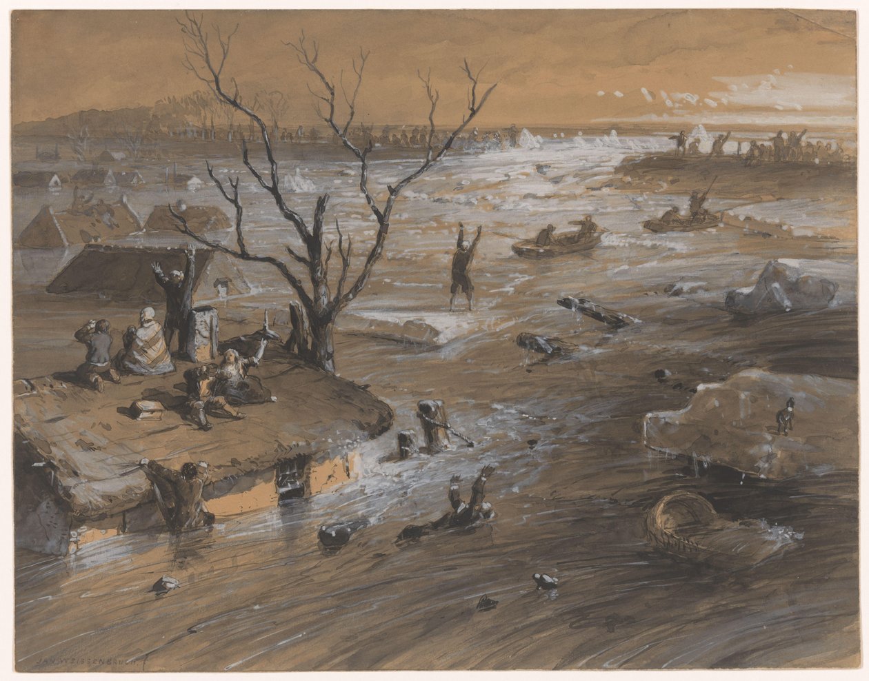 Zerwanie grobli w Brakel, 4 stycznia 1861 (tytuł na obiekcie) autorstwa Johan Hendrik Weissenbruch (signed by artist)