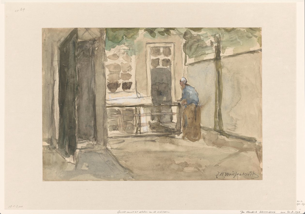 Widok na dziedziniec z pracowni artysty przy Kazernestraat w Hadze autorstwa Johan Hendrik Weissenbruch