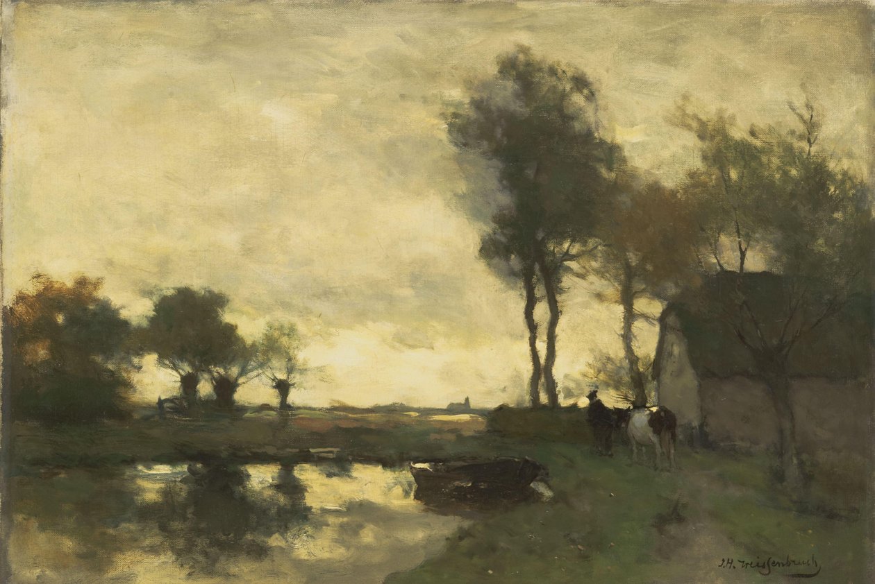 Krajobraz z farmą nad jeziorem autorstwa Johan Hendrik Weissenbruch