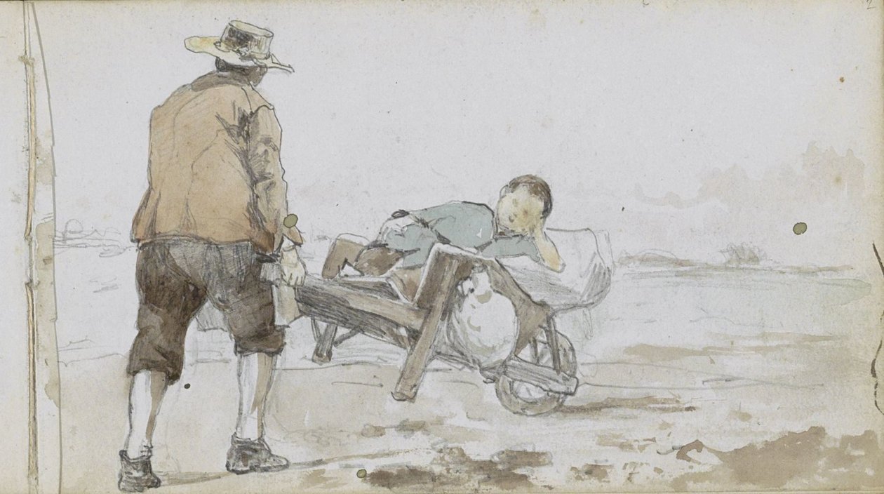 Krajobraz z mężczyzną pchającym chłopca na wózku autorstwa Johan Hendrik Weissenbruch