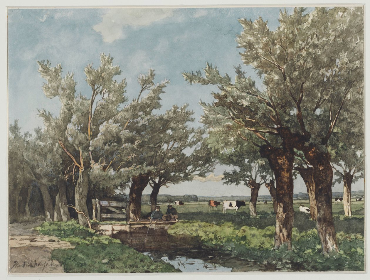Krajobraz z rowem, w którym łowi dwóch chłopców autorstwa Johan Hendrik Weissenbruch