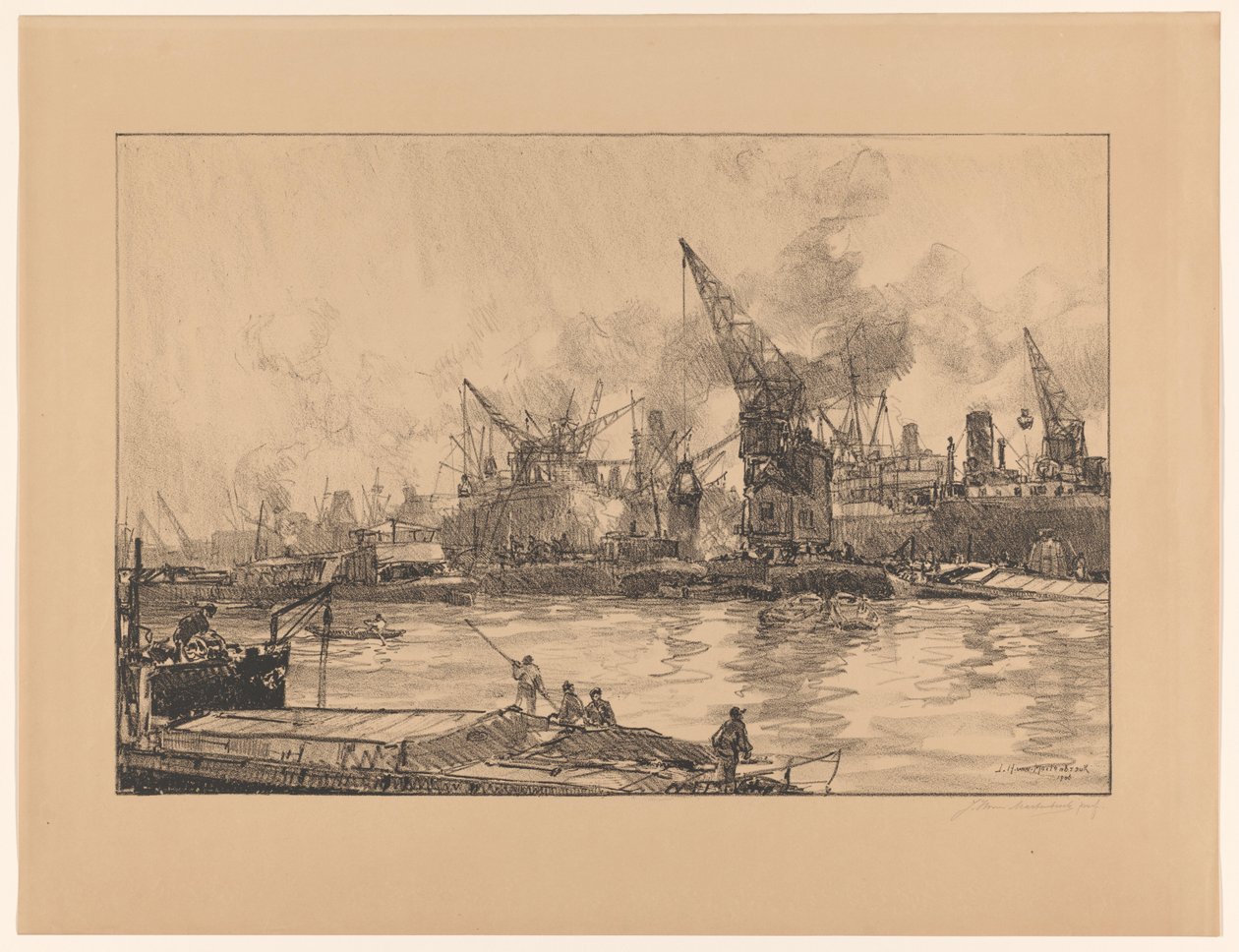 Widok na port w Rotterdamie z różnymi dźwigami autorstwa Johan Hendrik van Mastenbroek (signed by artist)