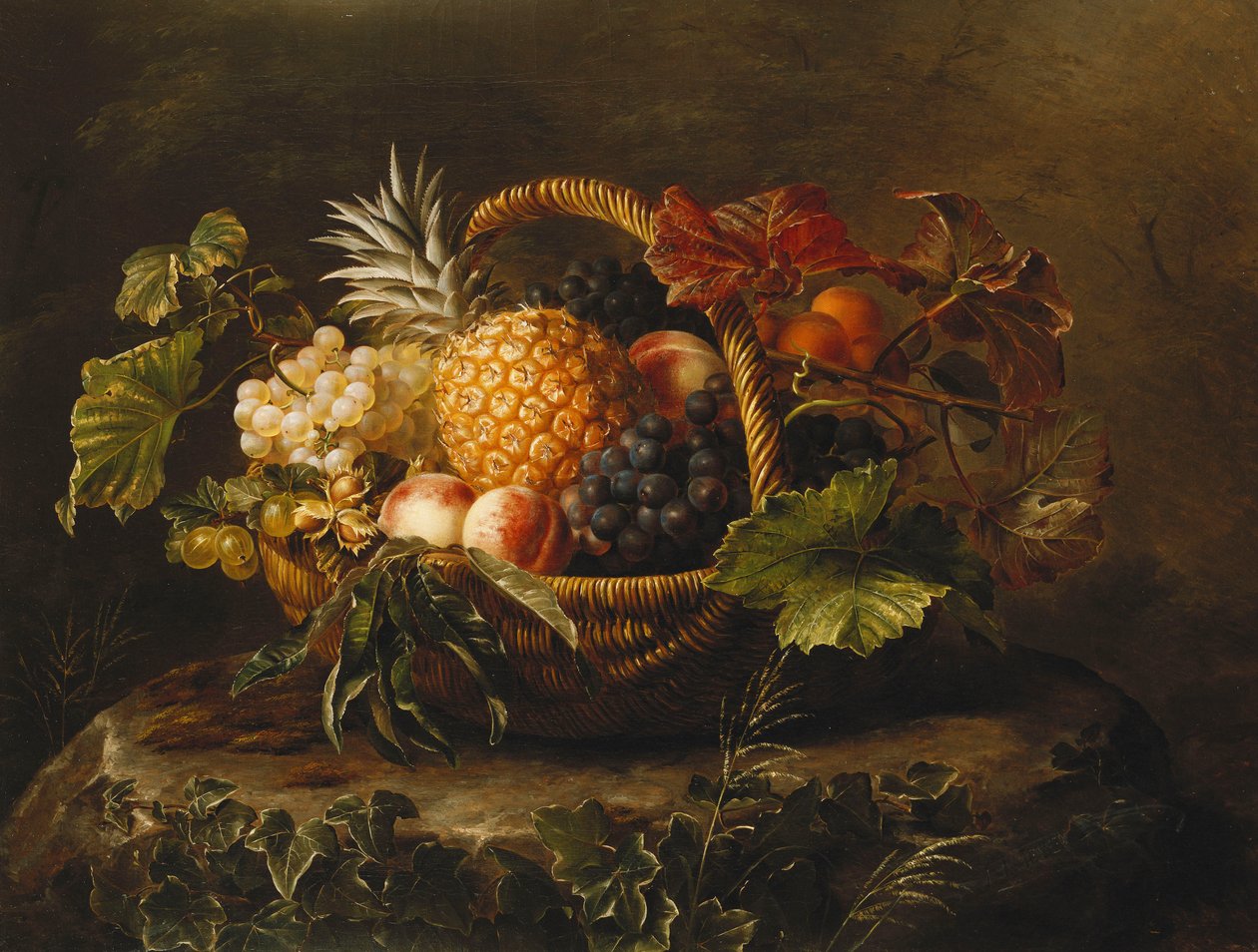 Ananas, Winogrona, Brzoskwinie i Morele w Koszu, autorstwa Johan Laurents Jensen