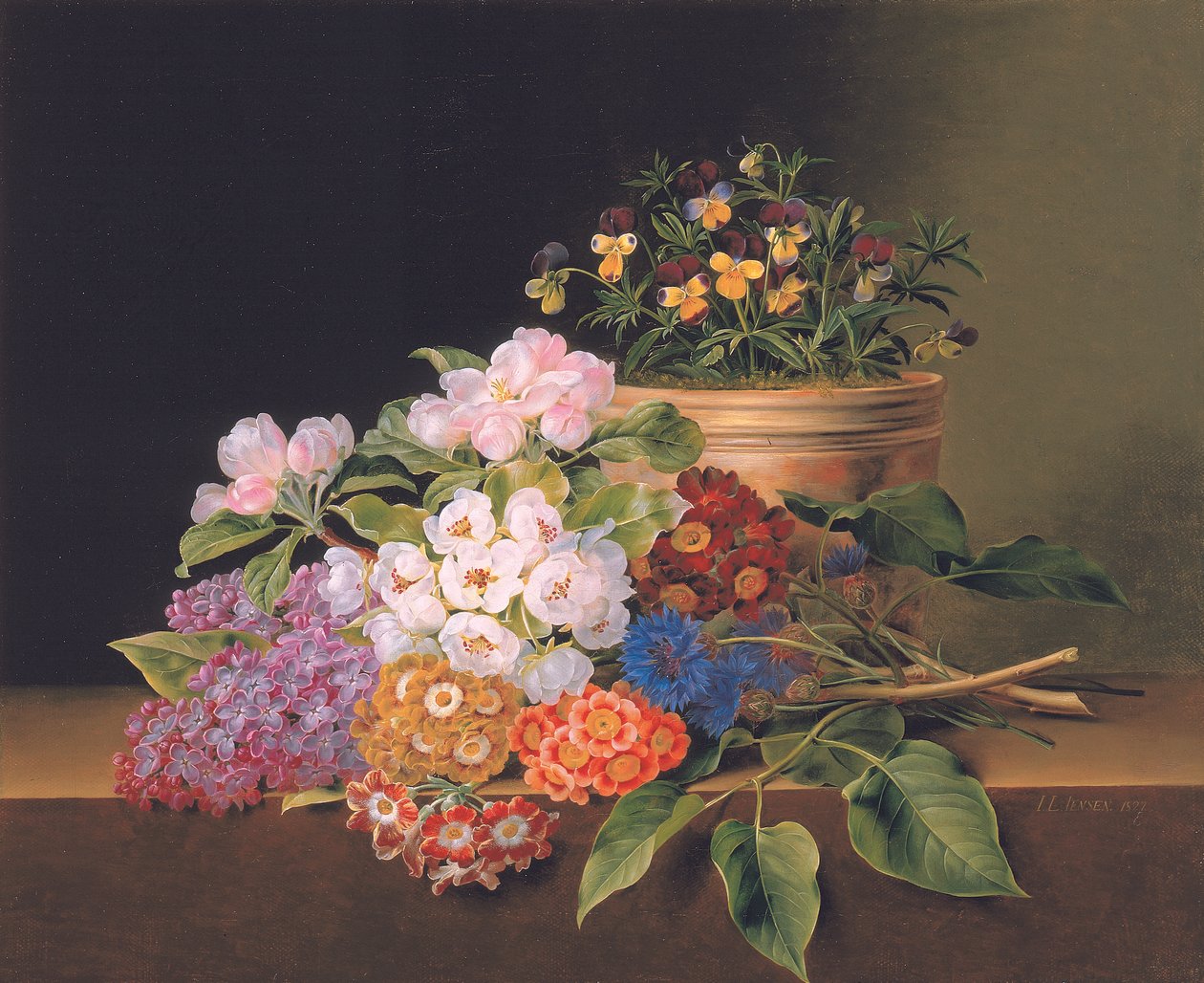 Liliowy, kwiat jabłoni, chabry i słodkie williamy z garnkiem altówek na półce, 1827 autorstwa Johan Laurents Jensen