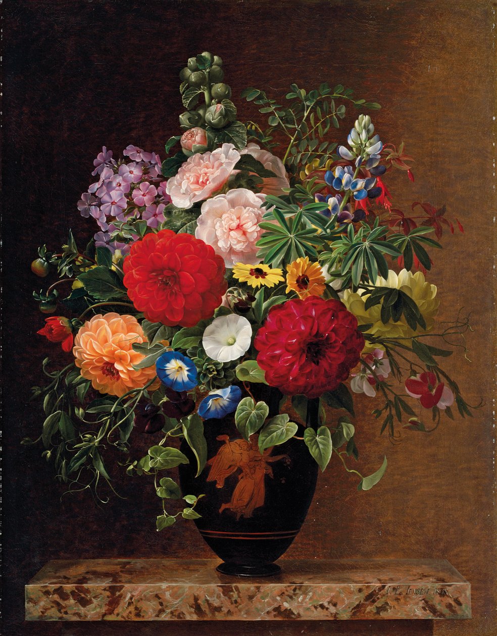 Liliowy, kwiat jabłoni, chabry i słodkie williamy z garnkiem altówek na półce, 1827 autorstwa Johan Laurents Jensen