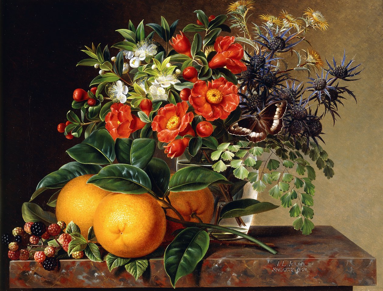 Pomarańcze, jeżyny i wazon z kwiatami na półce, 1834 autorstwa Johan Laurents Jensen