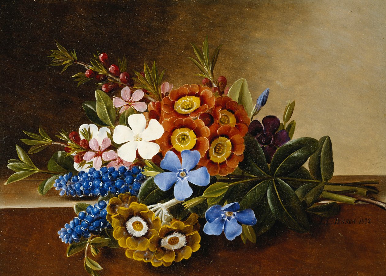 Barwinek, Auricula i Hiacynty winogronowe na marmurowej półce, 1882 autorstwa Johan Laurents Jensen
