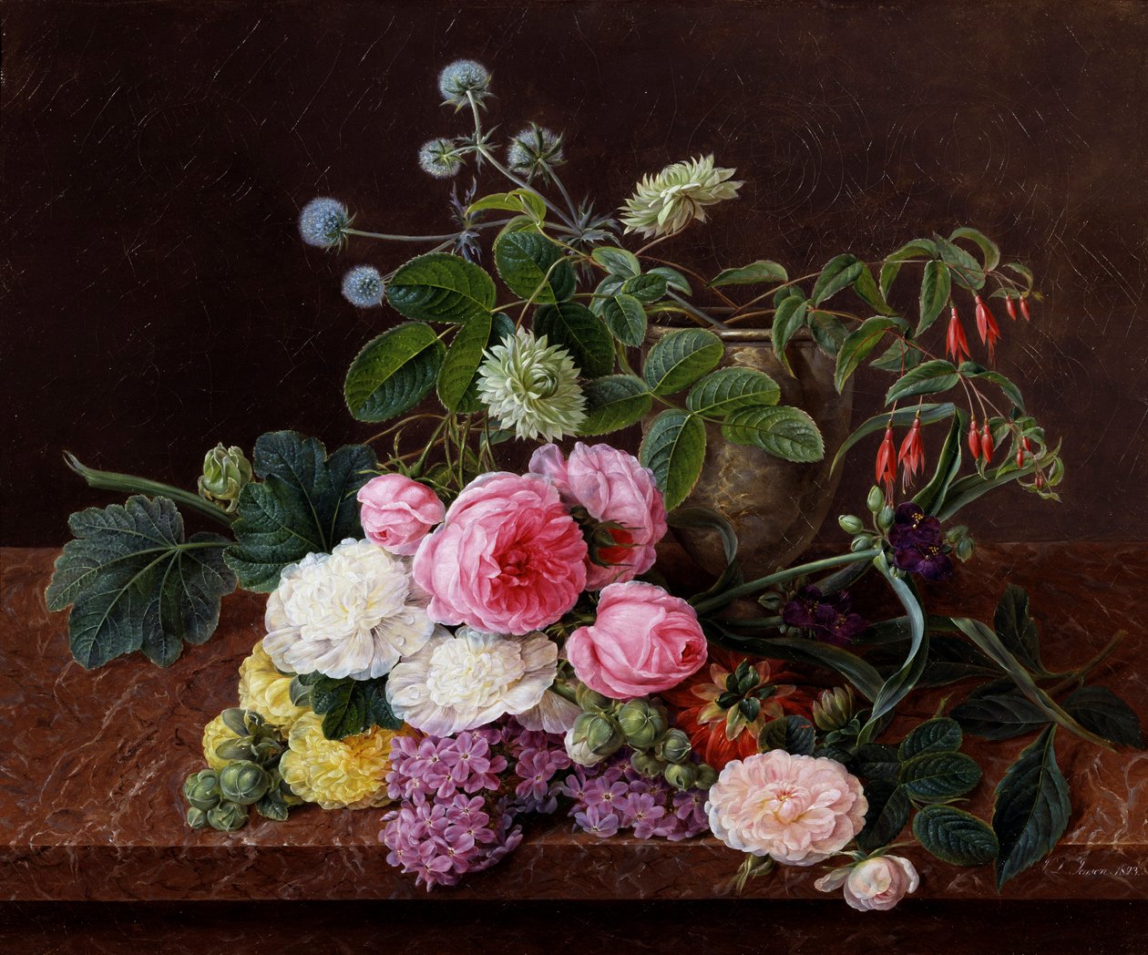Róże z mchu, piwonie i podwójne róże tremieres z mauve commelines. Obraz autorstwa Johana Laurentza Jensena (1800-1856) Kolekcja prywatna. autorstwa Johan Laurents Jensen