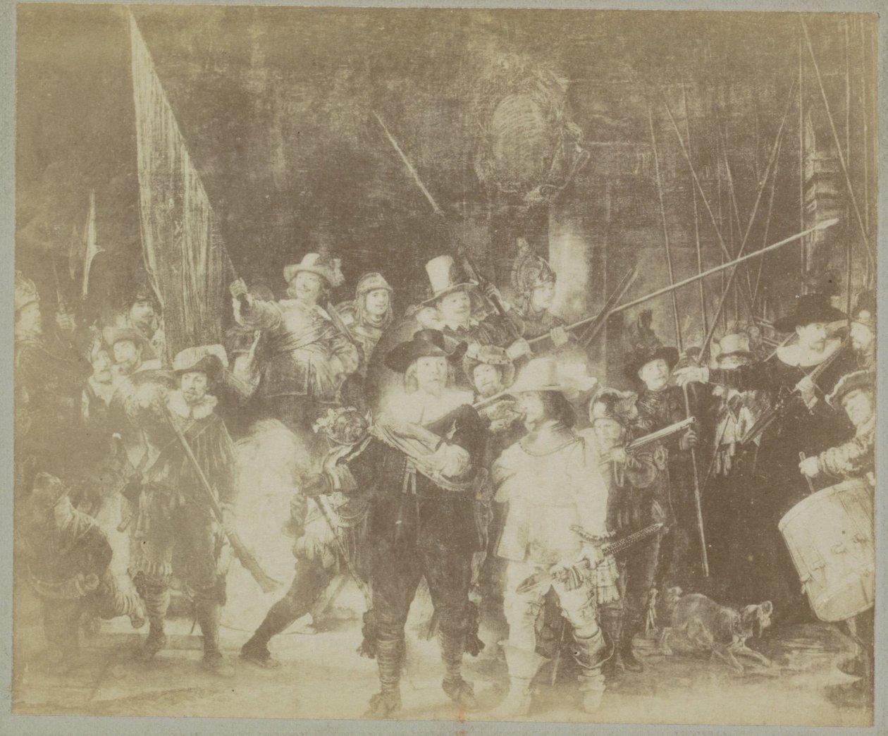 Reprodukcja fotograficzna obrazu „Straż nocna” Rembrandta Harmensza. z Renu Muzeum Amsterdamu. Rembrandta. - La Ronde de nuit. (tytuł na obiekcie) autorstwa Johan Marinus Schalekamp