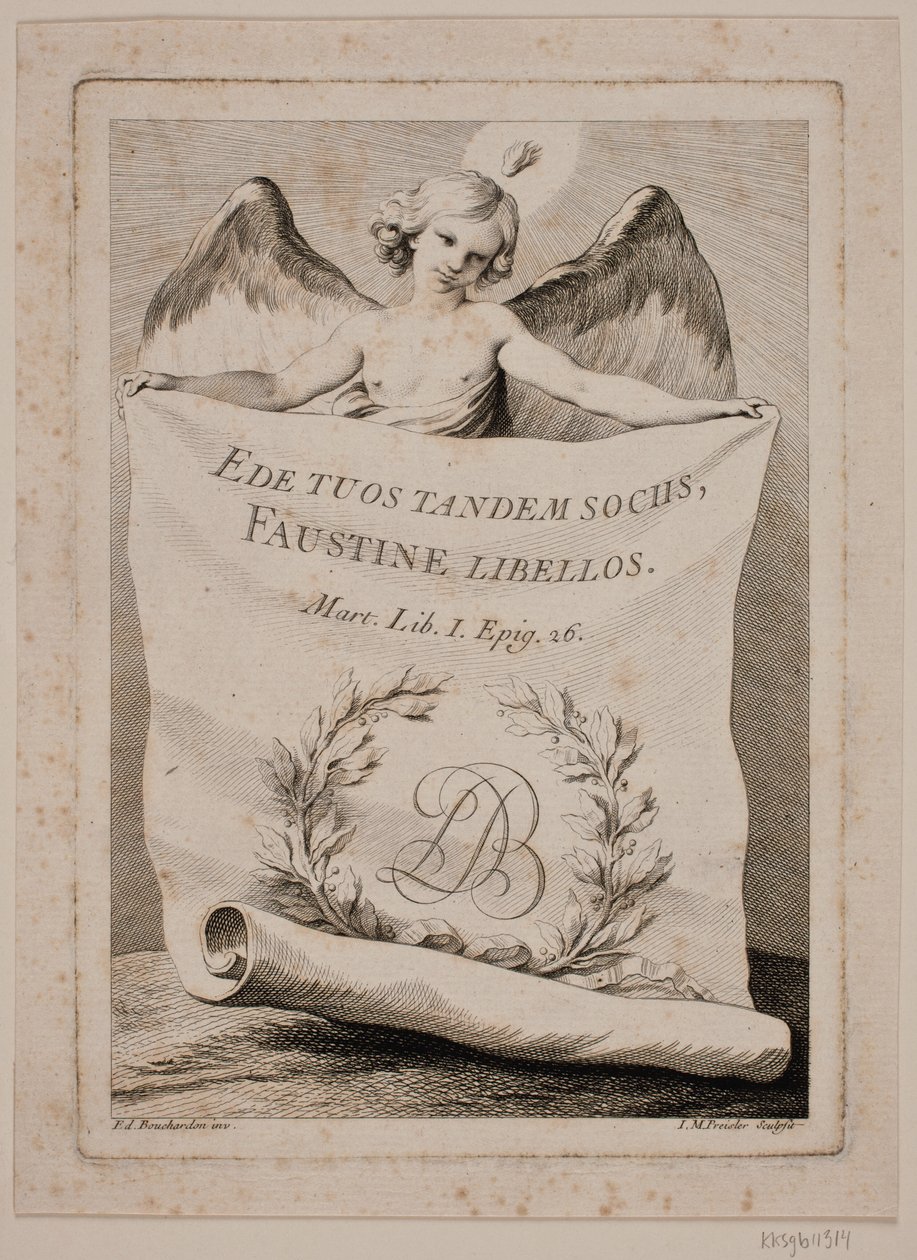 Miedź tytułowa z aniołem trzymającym duży papier autorstwa Johan Martin Preisler