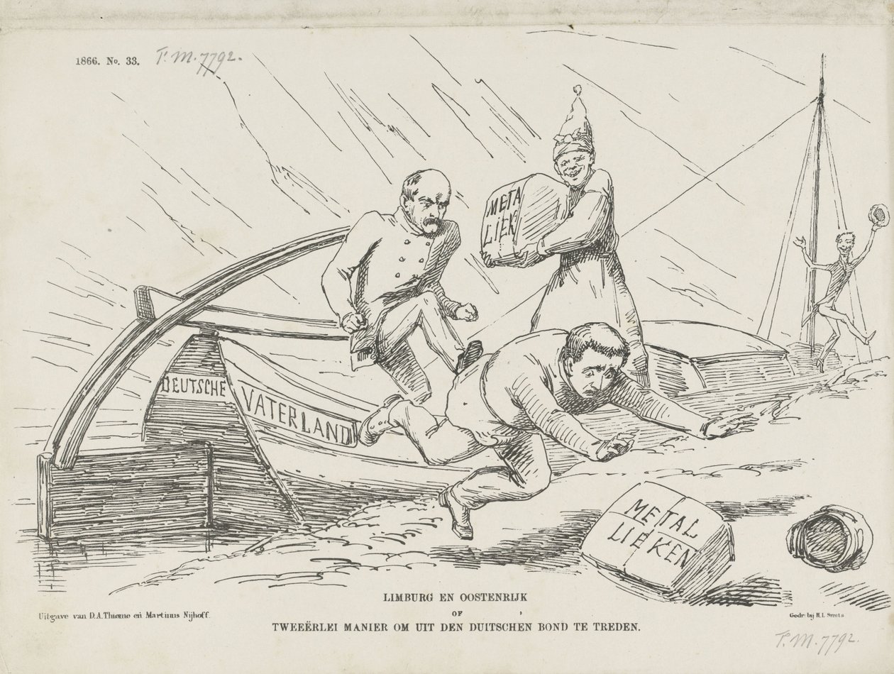 Karykatura o Bismarcku i Związku Niemieckim, 1866 Limburgia i Austria czyli dwa sposoby na opuszczenie Związku Niemieckiego (tytuł na obiekcie) autorstwa Johan Michaël Schmidt Crans