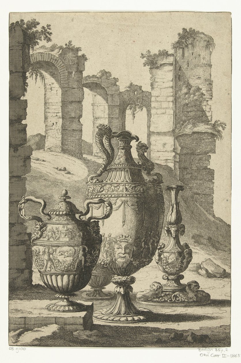 Trzy wazony i świecznik Materiam superabat opus (tytuł na obiekcie) Wazony i świeczniki (tytuł serii) autorstwa Johan Teyler (attributed to)