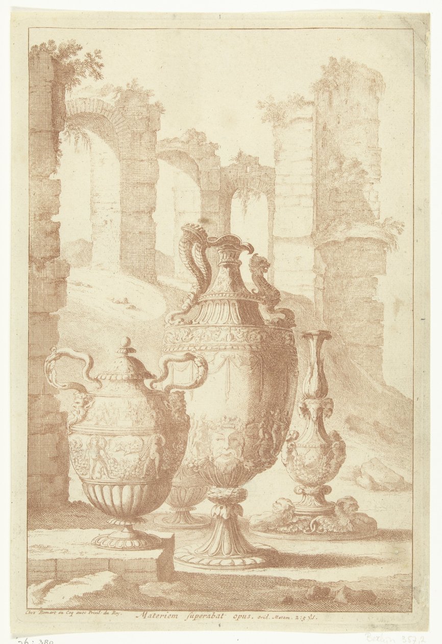 Trzy wazony i świecznik Materiam superabat opus (tytuł na obiekcie) Wazony i świeczniki (tytuł serii) autorstwa Johan Teyler (attributed to)