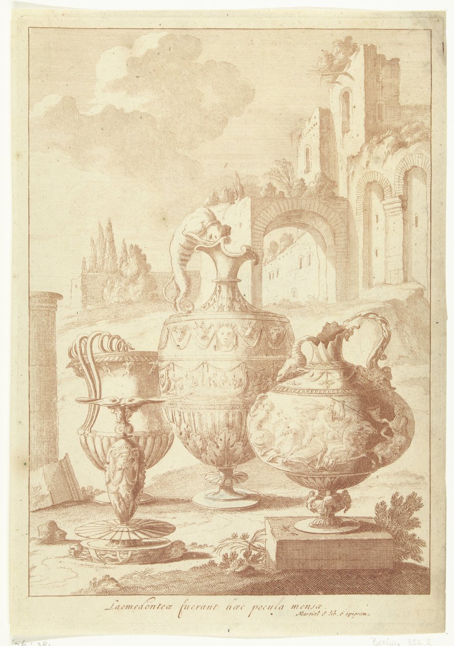 Żyrandol i suchy wazon Laomedonteae fuerant haec pocula mensea (tytuł na obiekcie) Wazon i Świecznik (tytuł serii) autorstwa Johan Teyler (attributed to)
