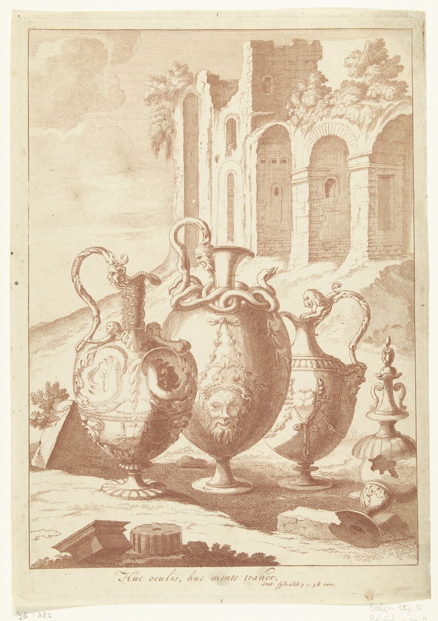 Cztery wazony, czwarty rozbity Huc oculis, huc mente trahor (tytuł na obiekcie) Wazony i świeczniki (tytuł serii) autorstwa Johan Teyler (attributed to)