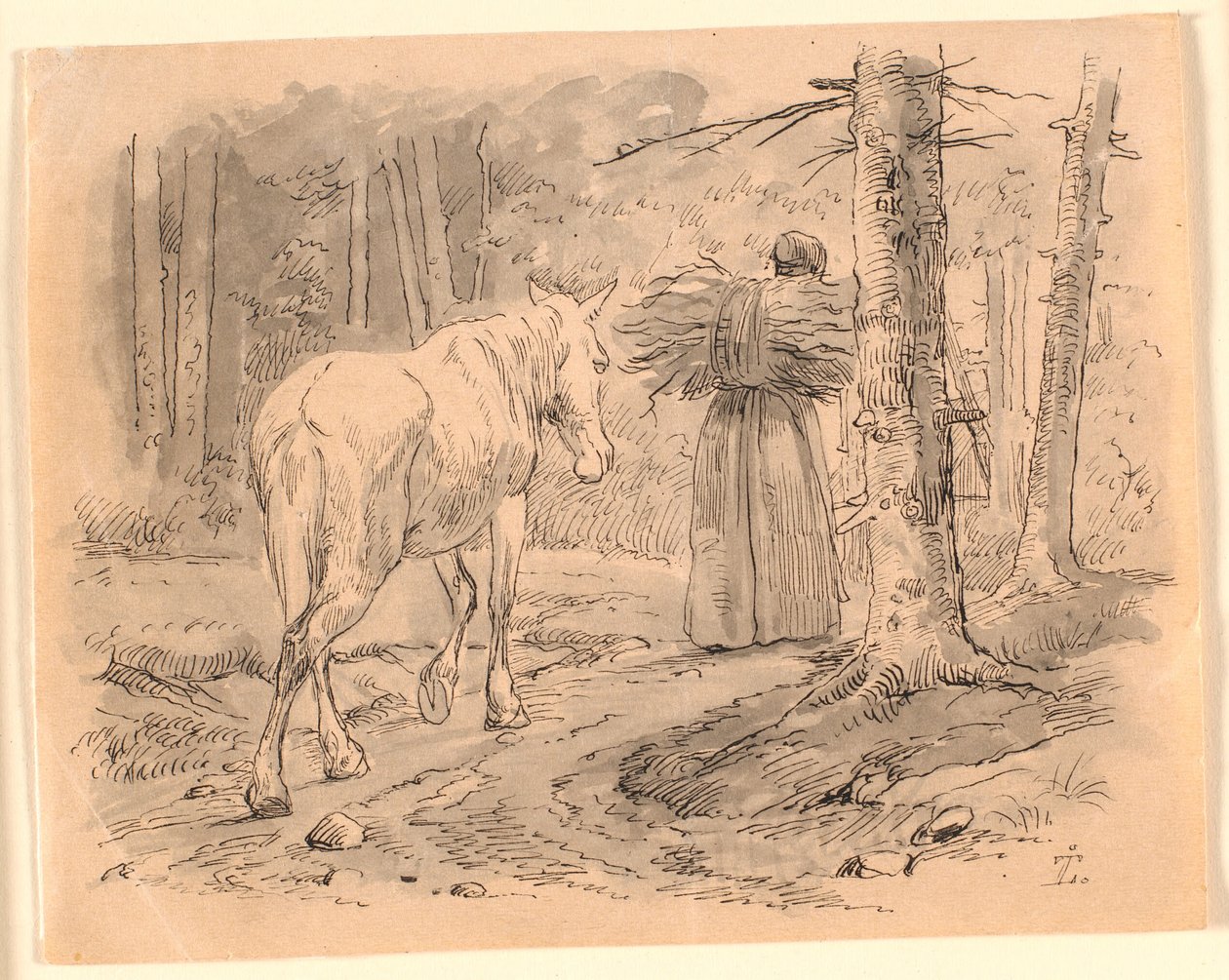 Żona i koń. Ilustracja do "Bajek dla dzieci" Kaalunda. Zobacz komentarz z katalogu arkuszy. autorstwa Johan Thomas Lundbye