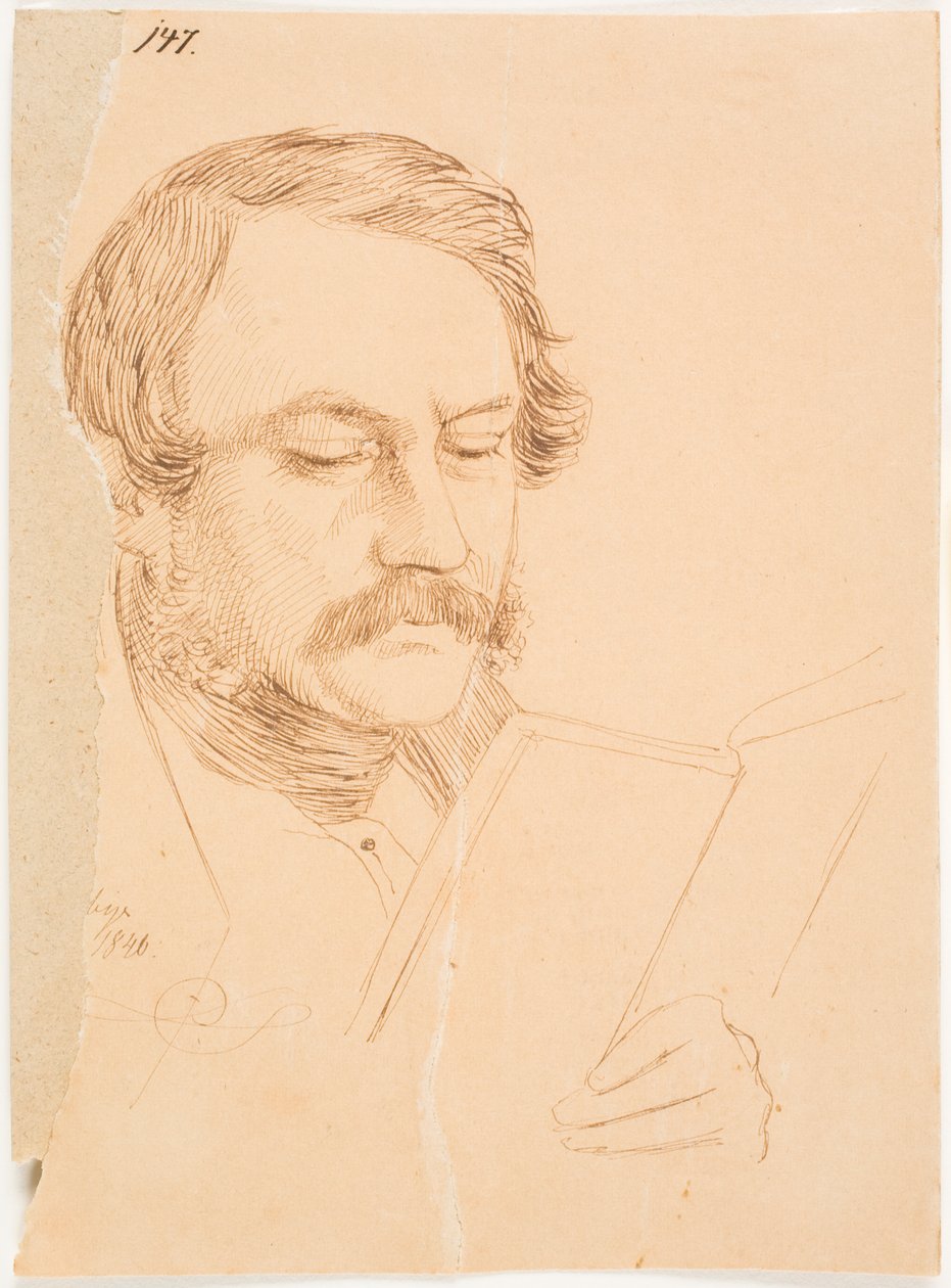 Portret mężczyzny, frontalnie, lekko zwróconego w prawo, czytającego. autorstwa Johan Thomas Lundbye