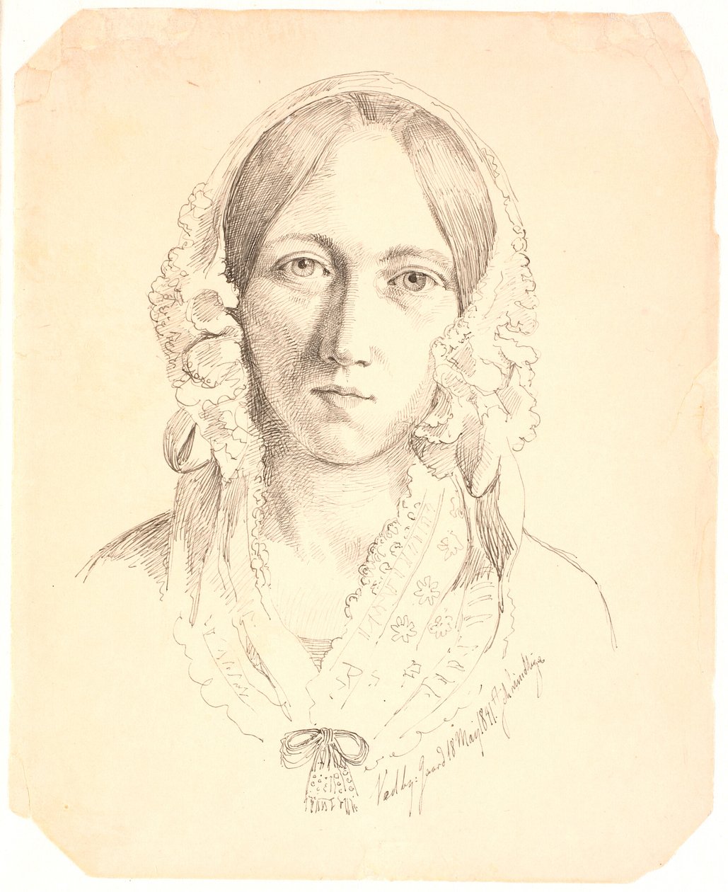 Portret młodej kobiety, jedna twarz. Prawdopodobnie reprezentuje Louise Marie Neergaard (1816-1895) autorstwa Johan Thomas Lundbye