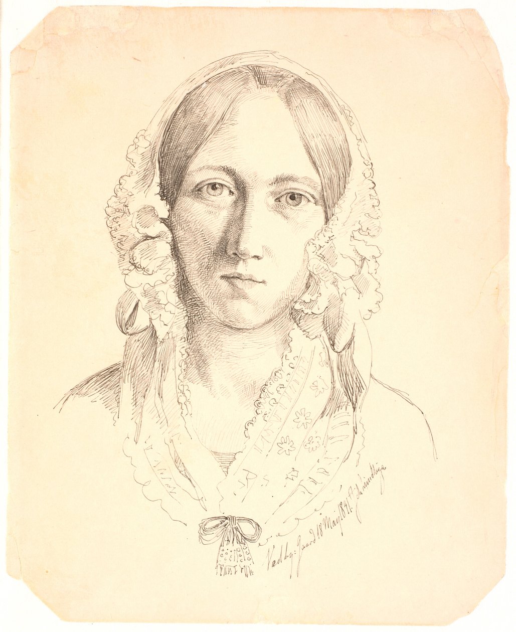 Portret młodej kobiety, jedna twarz. Prawdopodobnie reprezentuje Louise Marie Neergaard (1816-1895) autorstwa Johan Thomas Lundbye