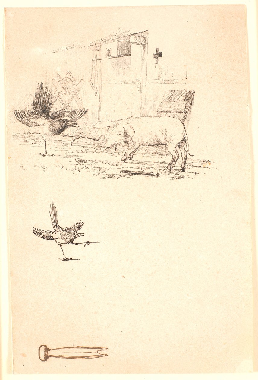 Bocian i świnia. Poniżej studium uszkodzenia i kawałek narzędzia. Ilustracja do "Bajek dla dzieci" Kaalunda. Zobacz komentarz z katalogu arkuszy. autorstwa Johan Thomas Lundbye