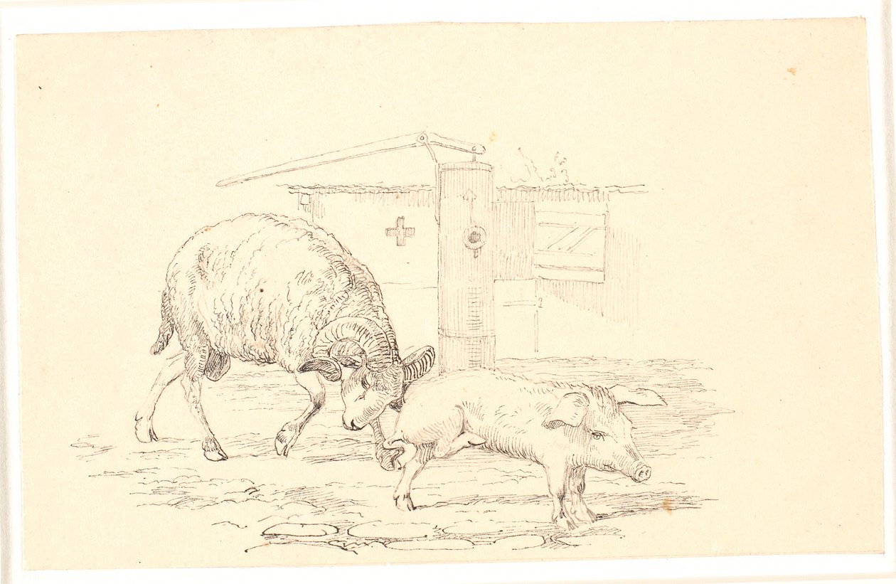 Baran i świnia. Ilustracja do "Bajek dla dzieci" Kaalunda. Zobacz komentarz z katalogu arkuszy. autorstwa Johan Thomas Lundbye