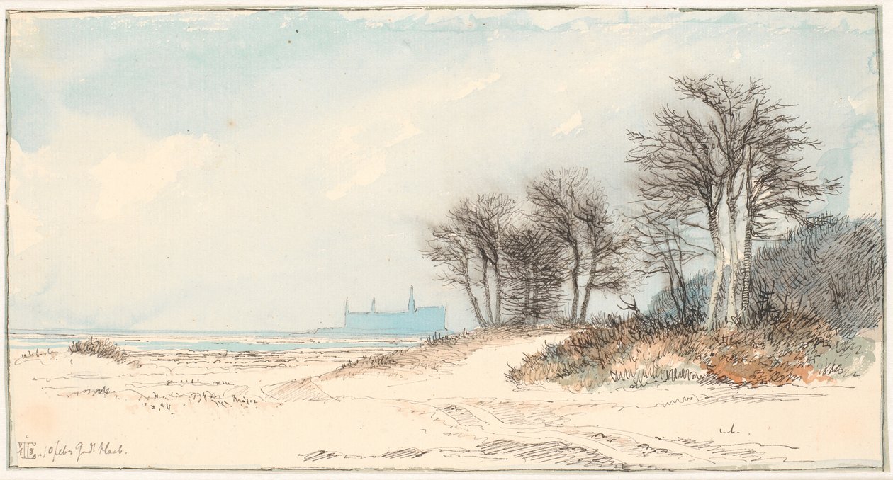 Widok na Kronborg z wybrzeża na północ od Helsingør autorstwa Johan Thomas Lundbye