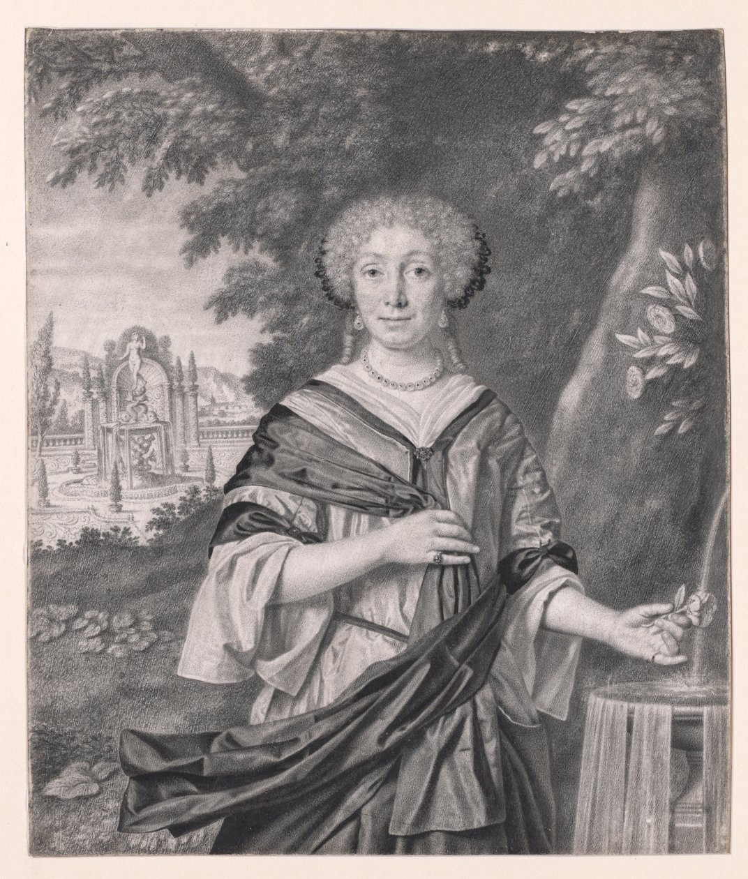 Portret kobiety przy fontannie z różą w dłoni autorstwa Johan Thopas
