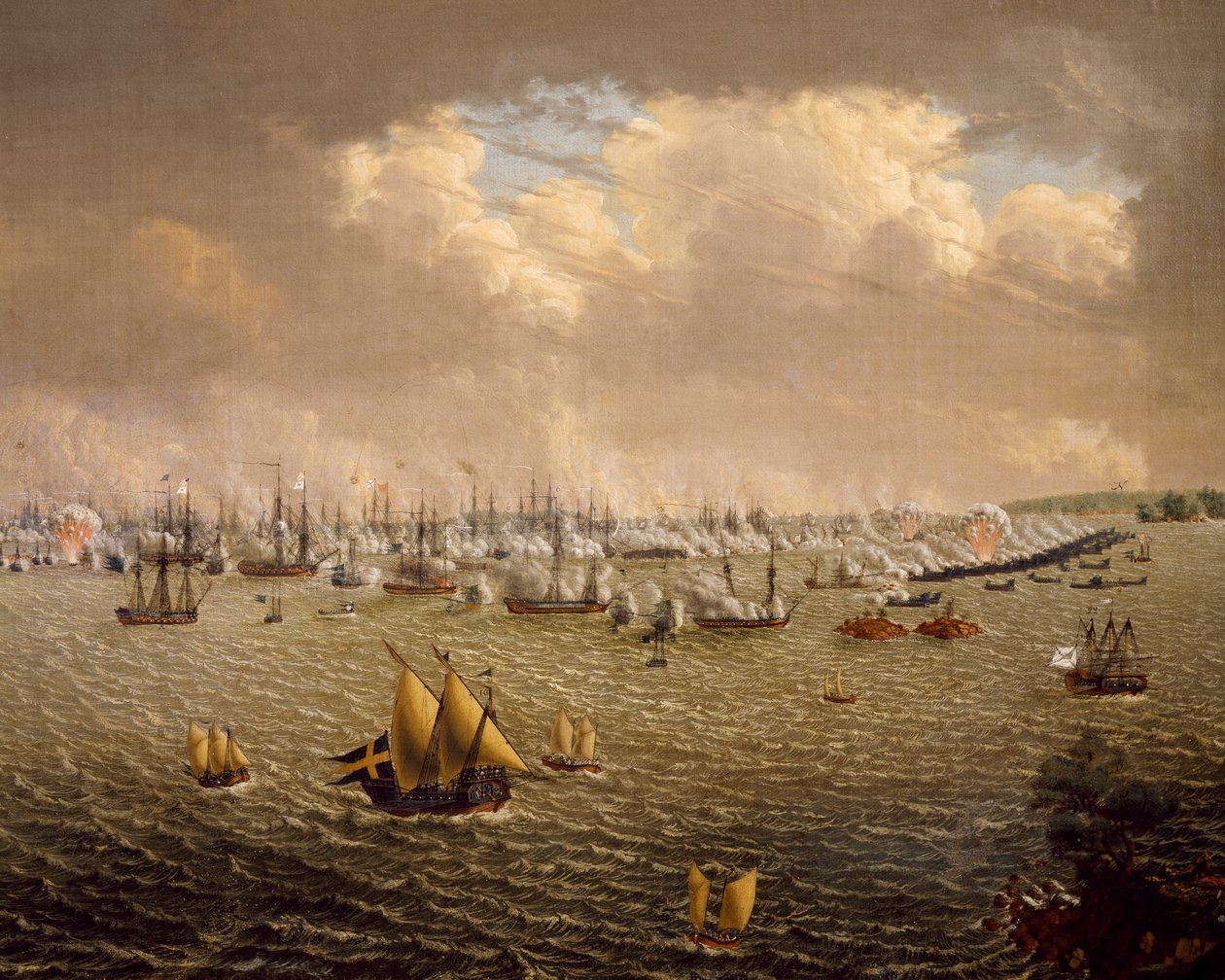 Bitwa pod Skargardem pomiędzy flotą szwedzką i rosyjską z powodu panowania Szwecji nad Finlandią, 10 lipca 1790, Johan Tietrich Schoultz (1754-1807), wojny rosyjsko-szwedzkie autorstwa Johan Tietrich Schoultz