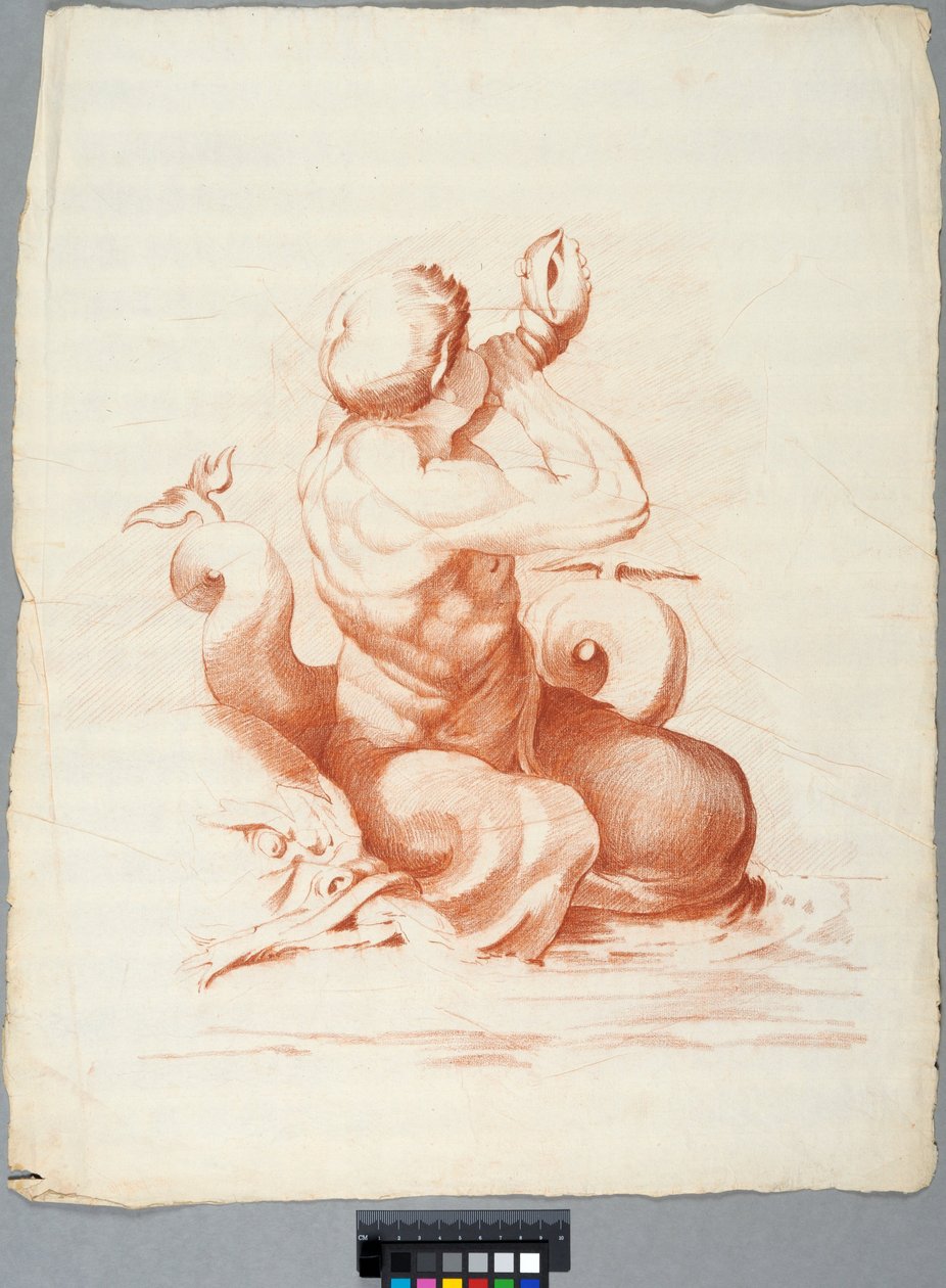 Akademiezeichnung. Detail einer Deckendekoration mit Peleus und Thetis in der Galleria Farnese, Rom, Triton bläst eine Muschel autorstwa Johan Tobias Sergel