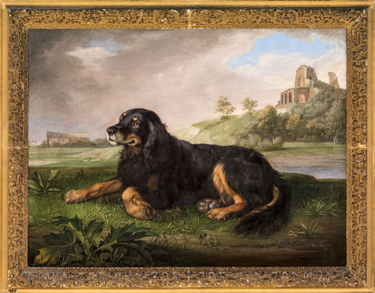Portret „Tawney”, spaniela szóstego księcia, z Palatynem za nim autorstwa Johan Wenzel Peter