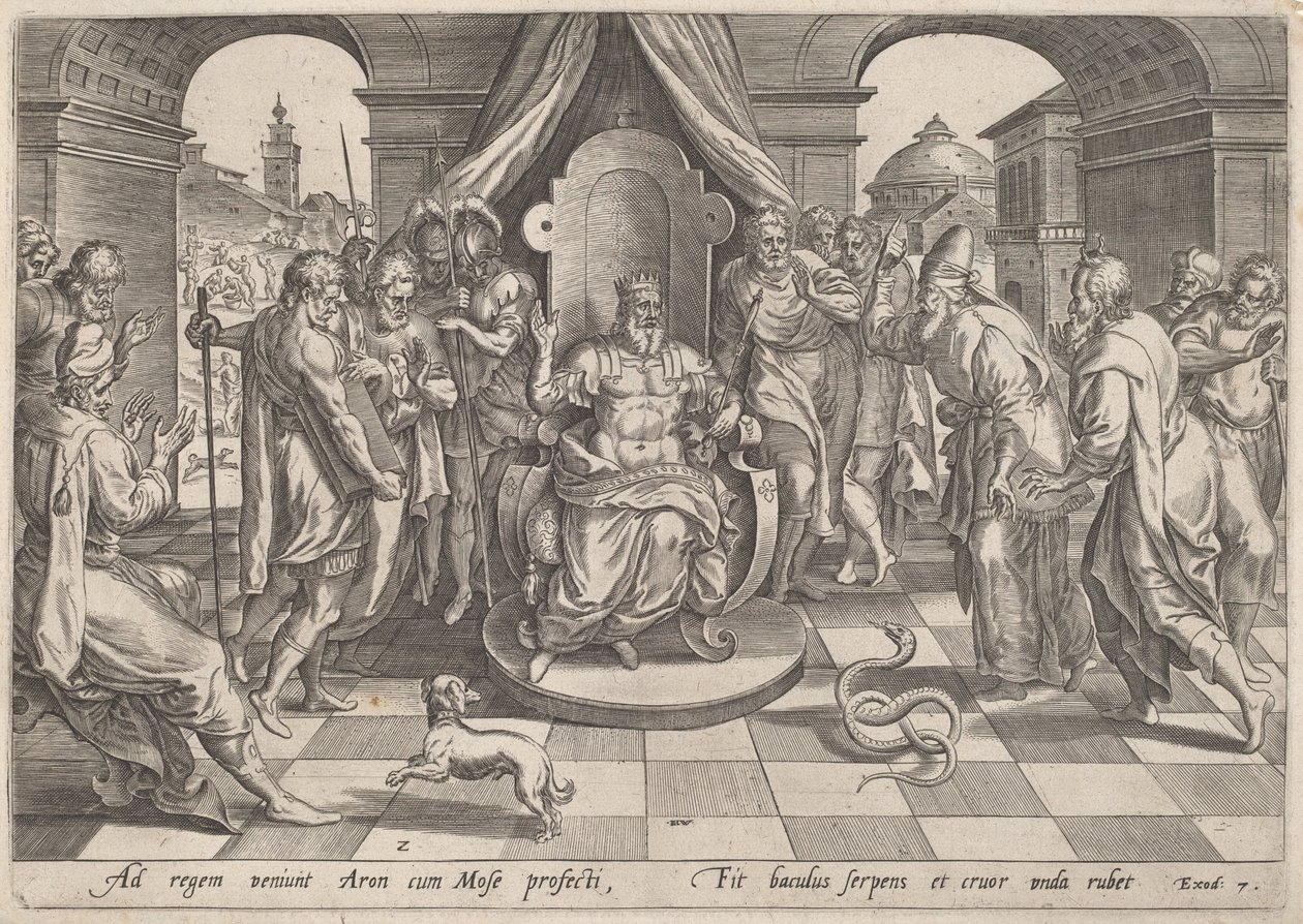 Mojżesz i Aaron przed faraonem autorstwa Johan Wierix, after Maarten van Cleef