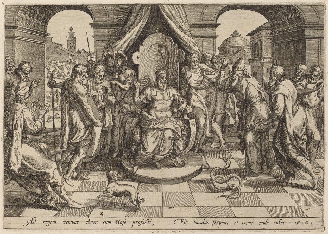 Mojżesz i Aaron przed faraonem autorstwa Johan Wierix, after Maarten van Cleef