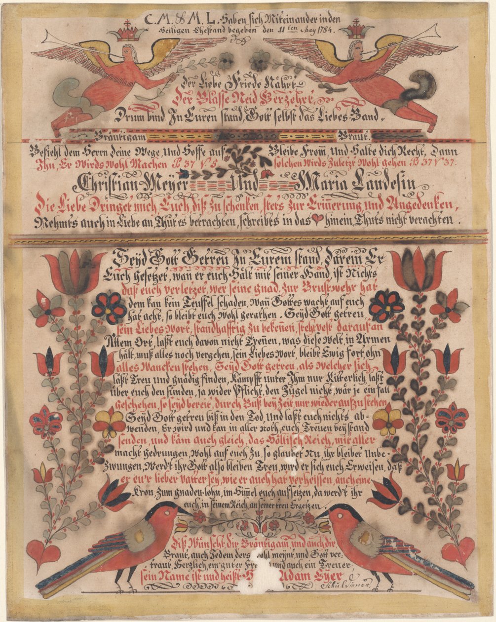 Pozdrowienie małżeńskie dla Christiana Meyera i Marii Landes, 1784 (wc i tusz na papierze) autorstwa Johann Adam Eyer