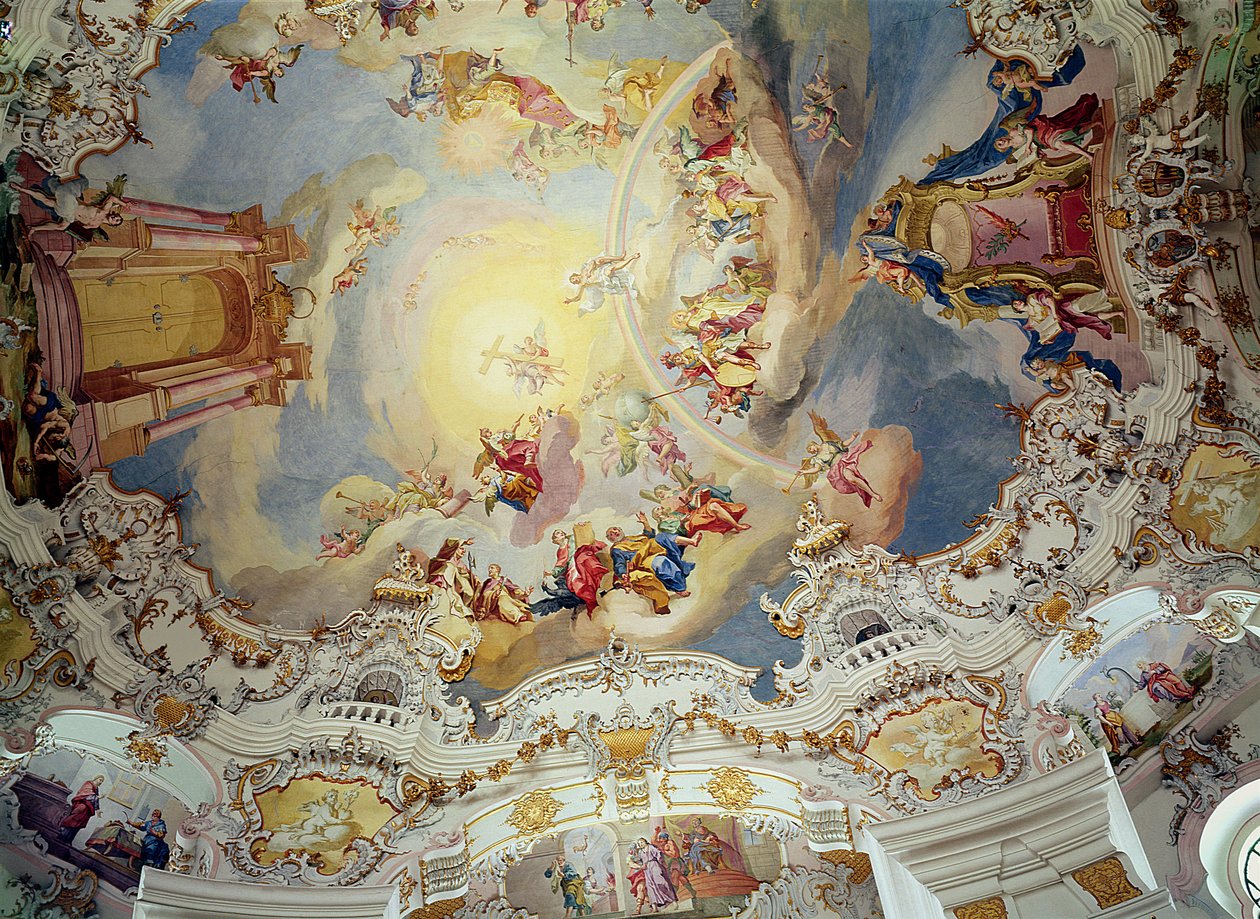 Sąd Ostateczny, malowidło na suficie ze spłaszczonej kopuły kościoła (stiuk) autorstwa Johann Baptist Zimmermann