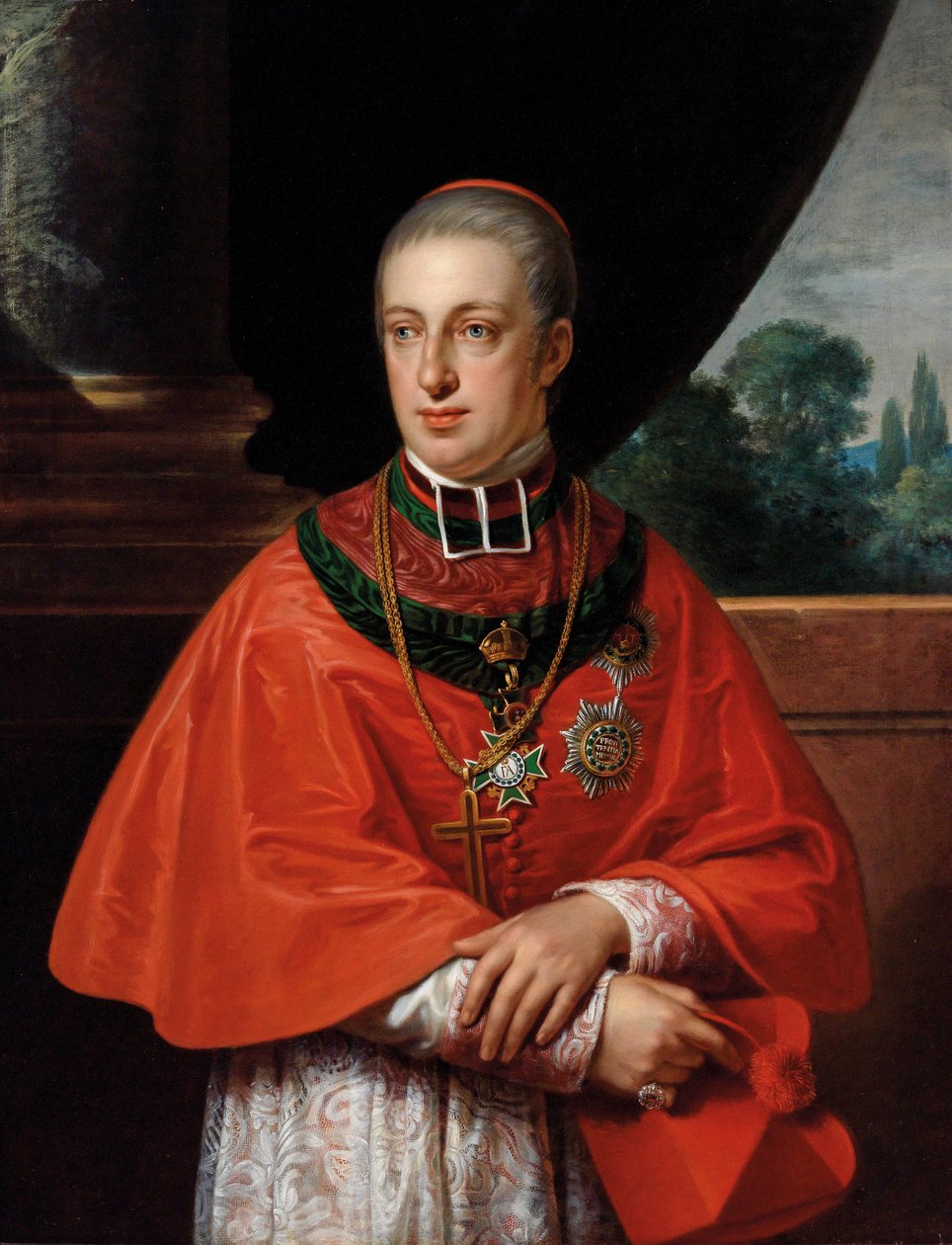 Kardynał Arcyksiążę Rudolf, portret jako kardynał odznaczony Orderem Św. Szczepana i Orderem Diamentowej Korony Domu Saskiego autorstwa Johann Baptist von Lampi the Elder