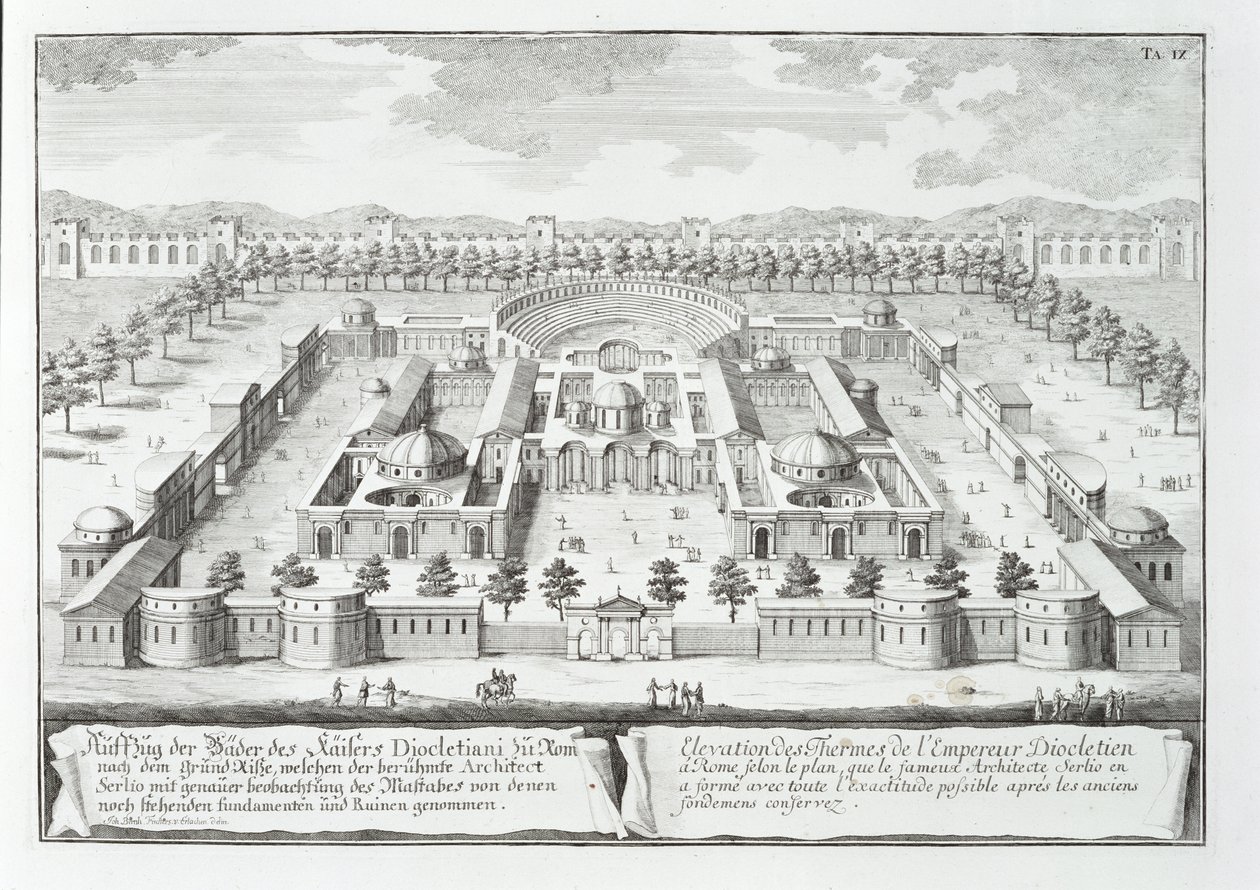 Łaźnie Dioklecjana (AD 302), Rzym, z "Entwurf einer historischen Architektur", 1721 autorstwa Johann Bernhard Fischer von Erlach