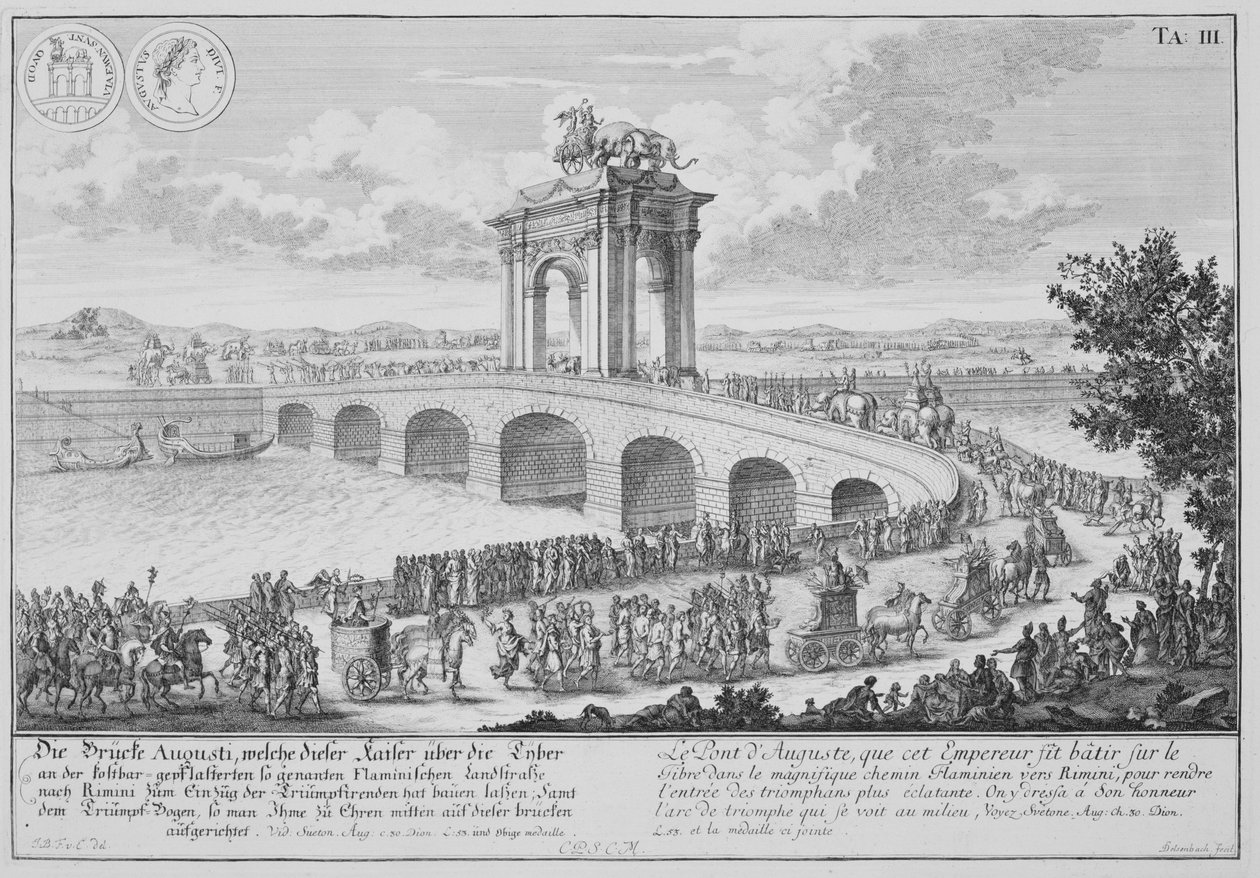 Most Augusta na Via Flaminia, niedaleko Rimini, Włochy, z „Plan architektury historycznej”, rytowany przez Johanna Adama Delsenbacha (1687-1765) 1721 autorstwa Johann Bernhard Fischer von Erlach