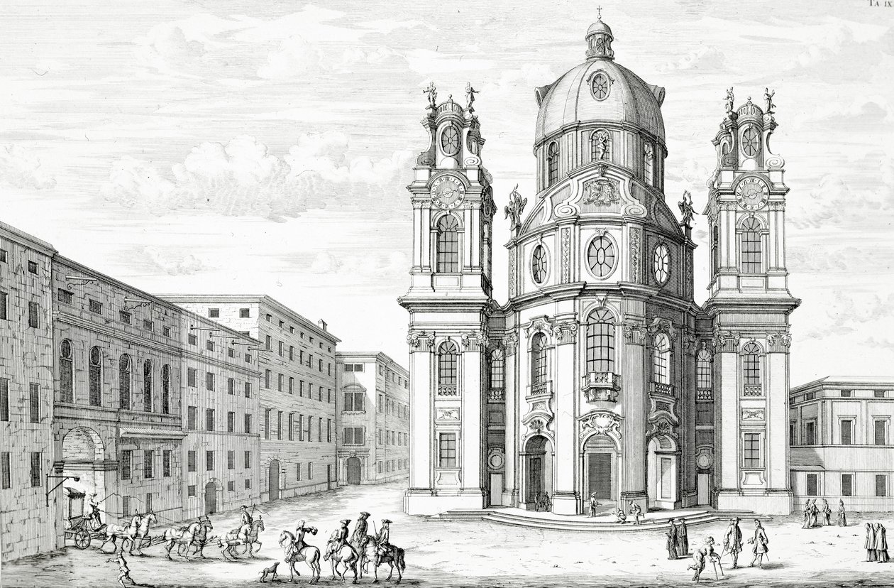 Kościół Notre Dame, Salzburg, Austria, z "planu architektury historycznej", ryty przez Johanna Adama Delsenbacha (1687-1765) 1721 autorstwa Johann Bernhard Fischer von Erlach