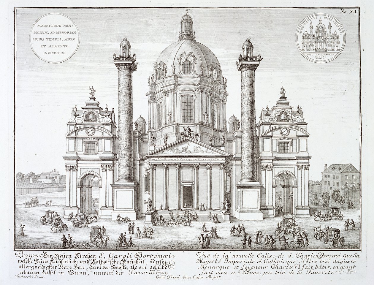 Kościół św. Karola Boromeusza (1538-84), Wiedeń, z "Entwurf einer historischen Architektur", rycina Johanna Adama Delsenbacha (1687-1765), 1721 r. autorstwa Johann Bernhard Fischer von Erlach