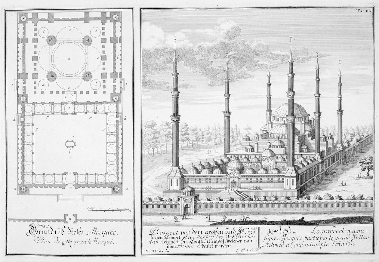 Plan i widok Błękitnego Meczetu (1609-16), zbudowany przez sułtana Ahmeda I (1603-17), Stambuł, z „Planu architektury historycznej”, 1721 autorstwa Johann Bernhard Fischer von Erlach